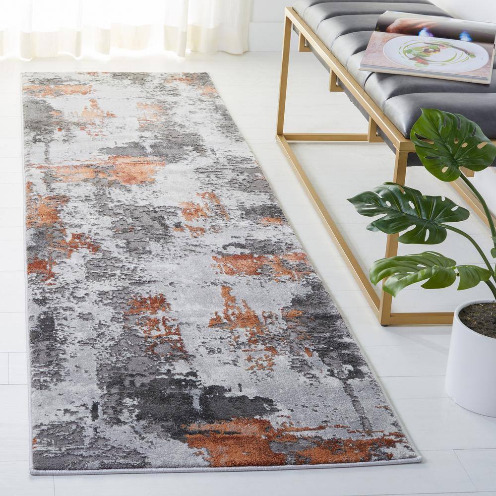 Grey and Orange Abstract Synthetic Runner Rug, 2'3" x 12'