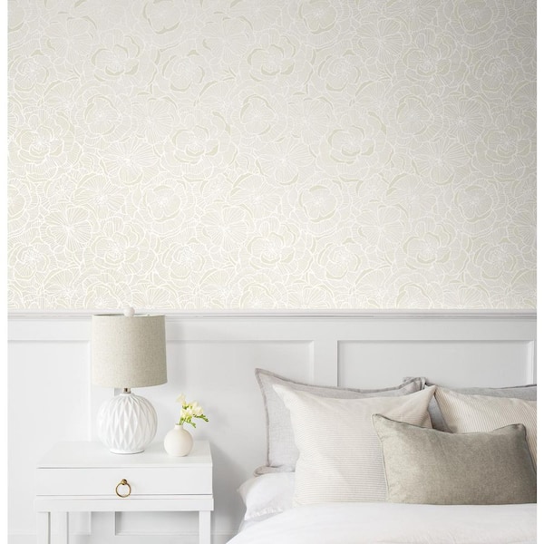 31.35 sq. ft. Metallic Pearl Camellia Floral Vinyl Peel and Stick Wallpaper Roll