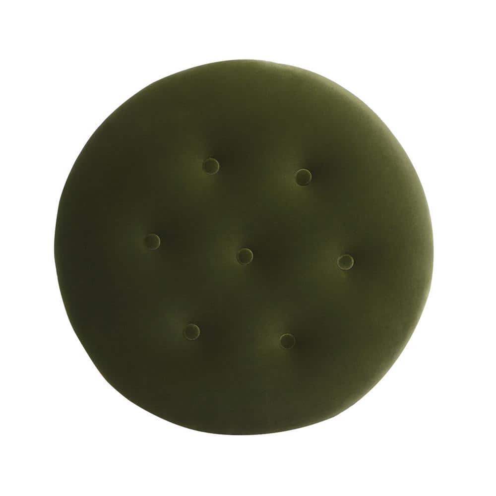 Olive Green Velvet Tufted Round Ottoman with Fringe
