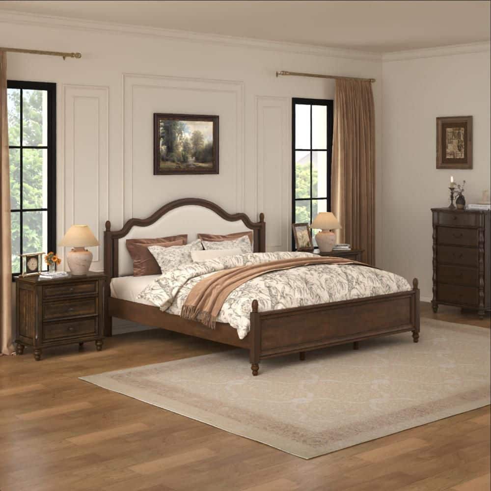 Mid-Century Dark Walnut Brown Solid Wood Frame King Size Upholstered Platform Bed with Camelback Shape Headboard price history on PriceWatchPro