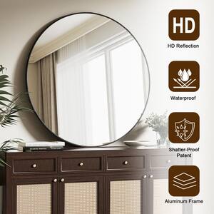 29.9 in. W x 29.9 in. H Round Modern Black Aluminum Framed Bathroom Mirror Wall Mirror