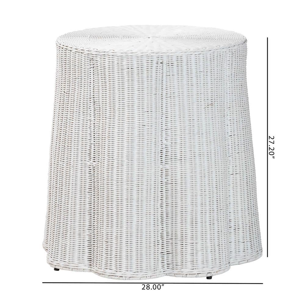 Palm 28" White Round Rattan and Metal End Table