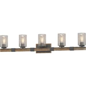 5-Light Indoor Black Walnut Bath or Vanity Light Bar or Wall Mount with Clear Seedy Bubble Glass Cylinder Shades