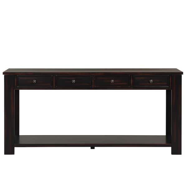 URTR 63 in. Black Rectangle Wood Console Table Long Sofa Table Cabinet with 4 Drawers and Shelf for Hallway Living Room