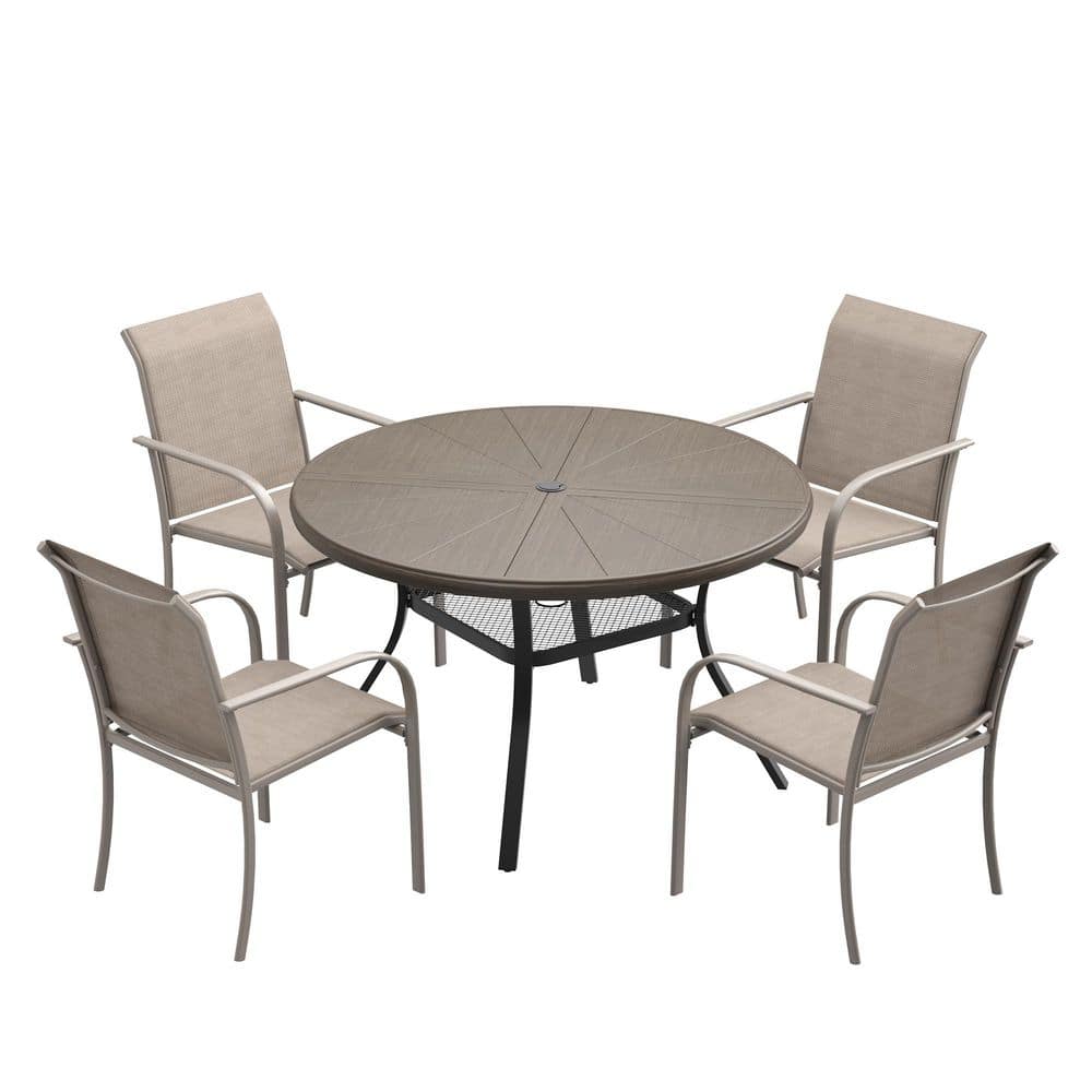 5-Piece Patio Dining Set with 40.6 in. Grey Wood-Like Aluminum Round Table and 4-Sandshell Grey Stackable Dining Chairs price history on PriceWatchPro