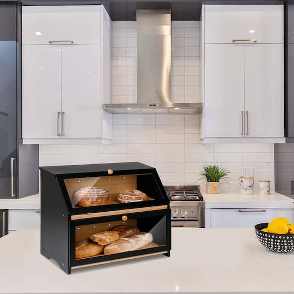 Adrinfly 1-Piece Double Layer Bread Box for Kitchen Counter, Wooden Large Capacity Bread Storage Bin (Black)