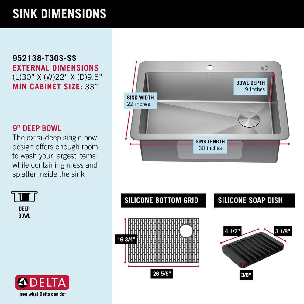 Delta 30" Stainless Steel Drop-In Single Bowl Kitchen Sink with Accessories