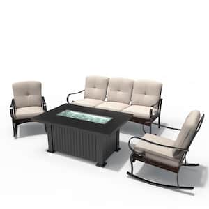 Peggy Black 4-Piece Aluminum Patio Fire Pit Conversation Sofa Set with Beige Cushions