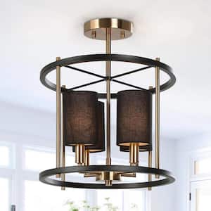 Modern Drum Semi-Flush Mount Light 4-Light Black and Brass Round Ceiling Light with Black Fabric Shades