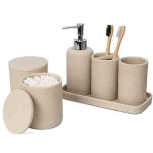 6-Piece Bathroom Accessory Set with Soap Dispenser, Tray, 2 Jars, Bathroom Tumbler Toothbrush Holder in Beige