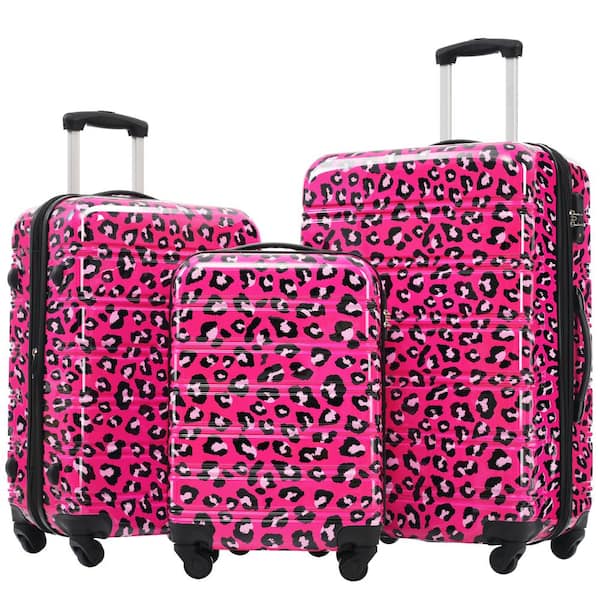 Lightweight Durable 3-Piece Hot Pink Leopard Expandable PC Hardshell Spinner Luggage Set with TSA Lock