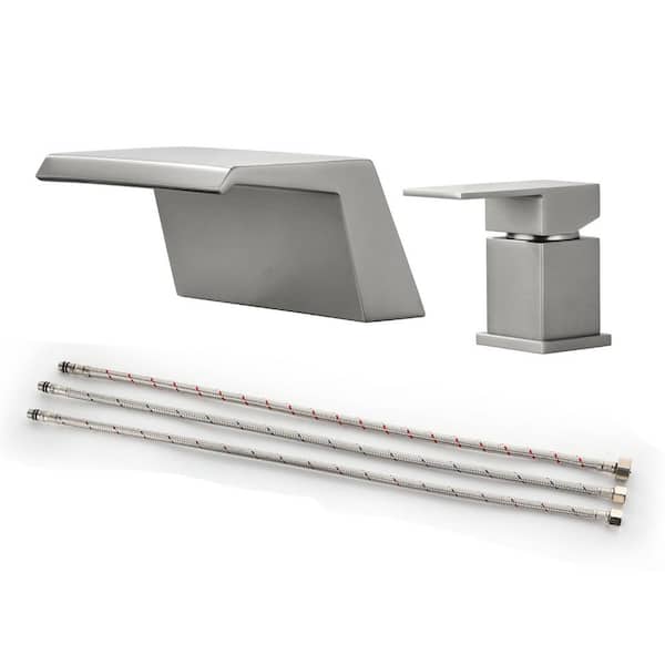 Single Handle Deck-Mount Waterfall Roman Tub Faucet in Brushed Nickel