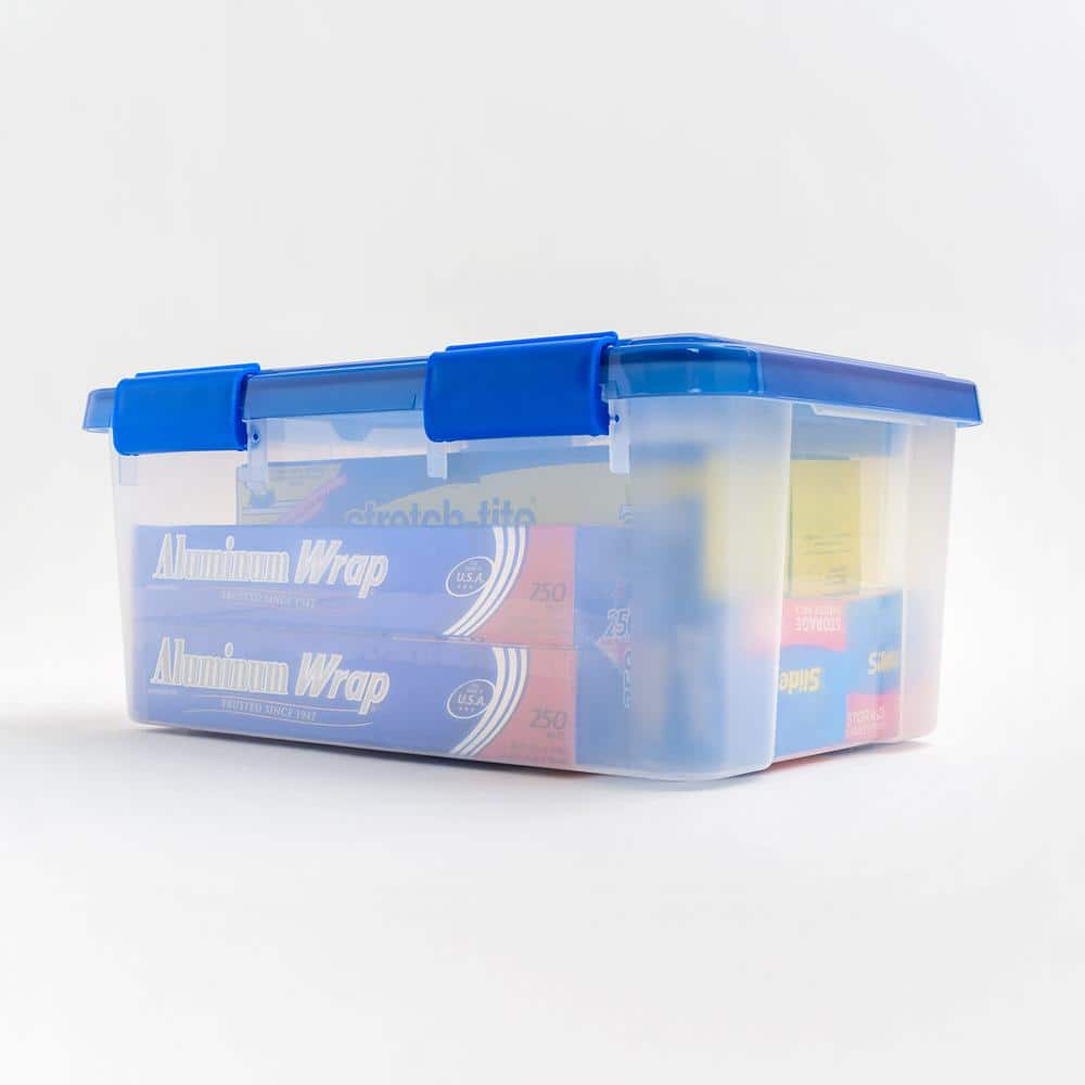 19 Quart Clear Plastic Stackable Storage Bins with Blue Lids