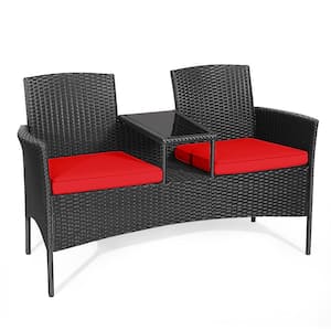 3-Pieces Rattan Wicker Patio Conversation Set with Table Red Cushion