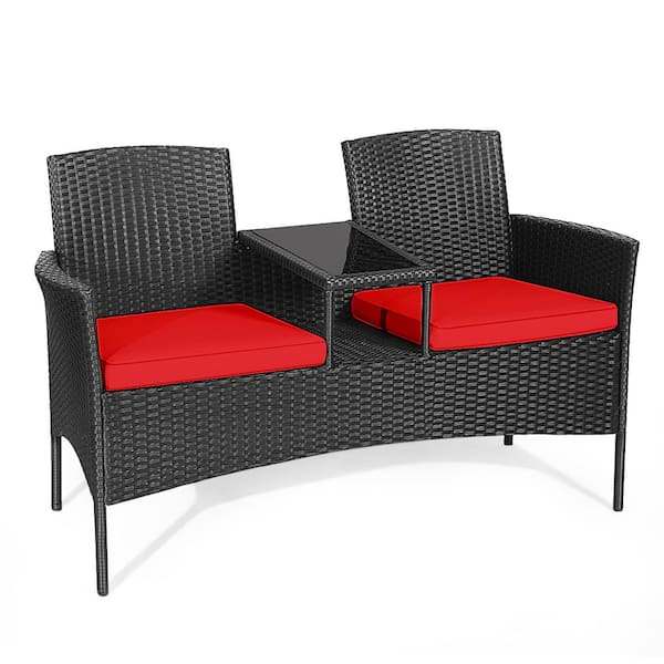 Gymax 3-Pieces Rattan Wicker Patio Conversation Set with Table Red Cushion