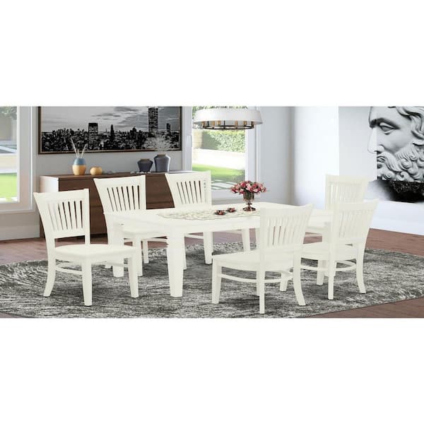 7-Piece Rectangle Linen White Finish Solid Wood Top Dining Table with 6-Chairs with Butterfly Leaf Slat Back