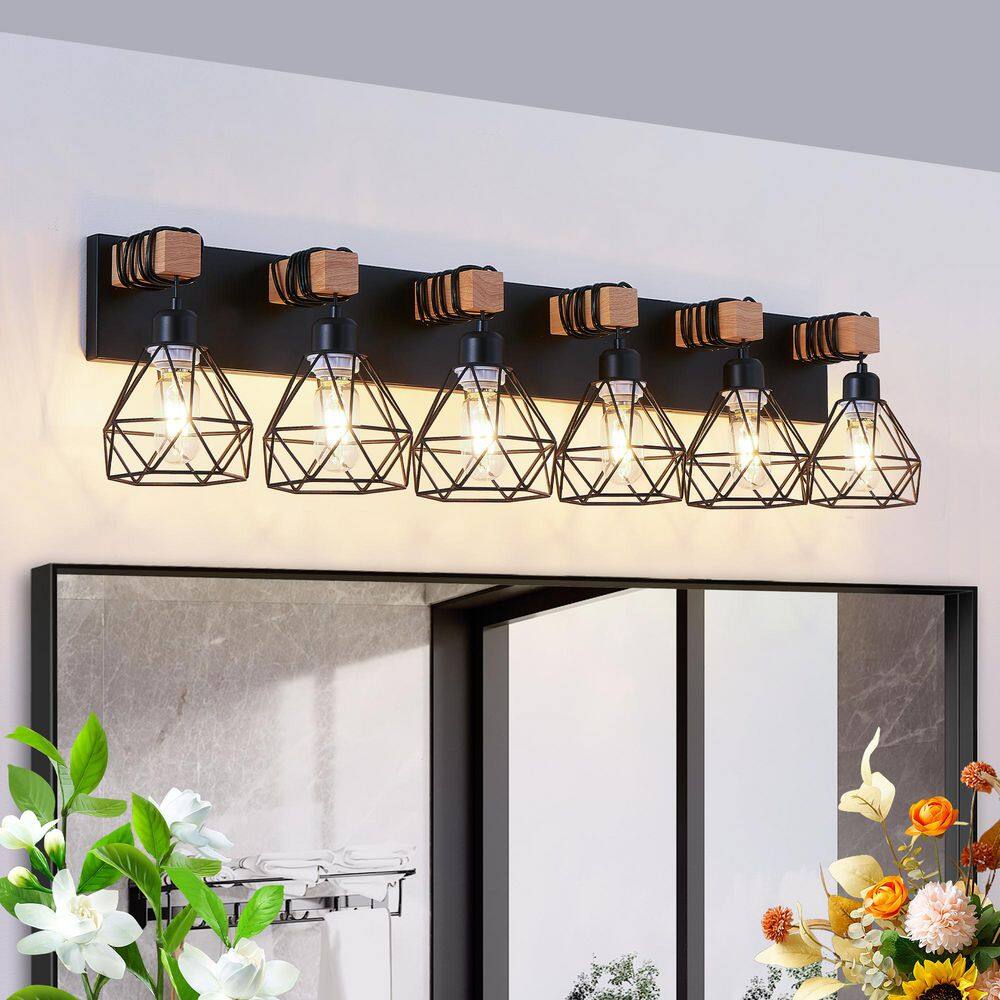 38 in. 6-Light Modern Black Fixture Geometric Wall Sconce With Wooden Accent For Bathroom, Bedroom and Living Room price history on PriceWatchPro