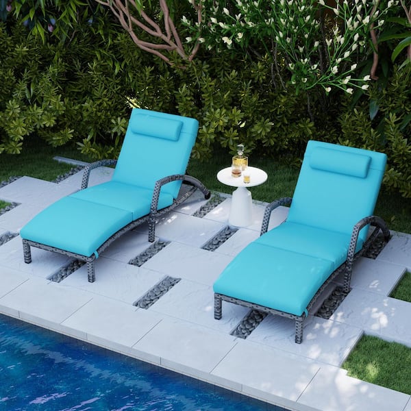 DENISLAWN Gray 2-Piece Wicker Outdoor Chaise Lounge with Blue