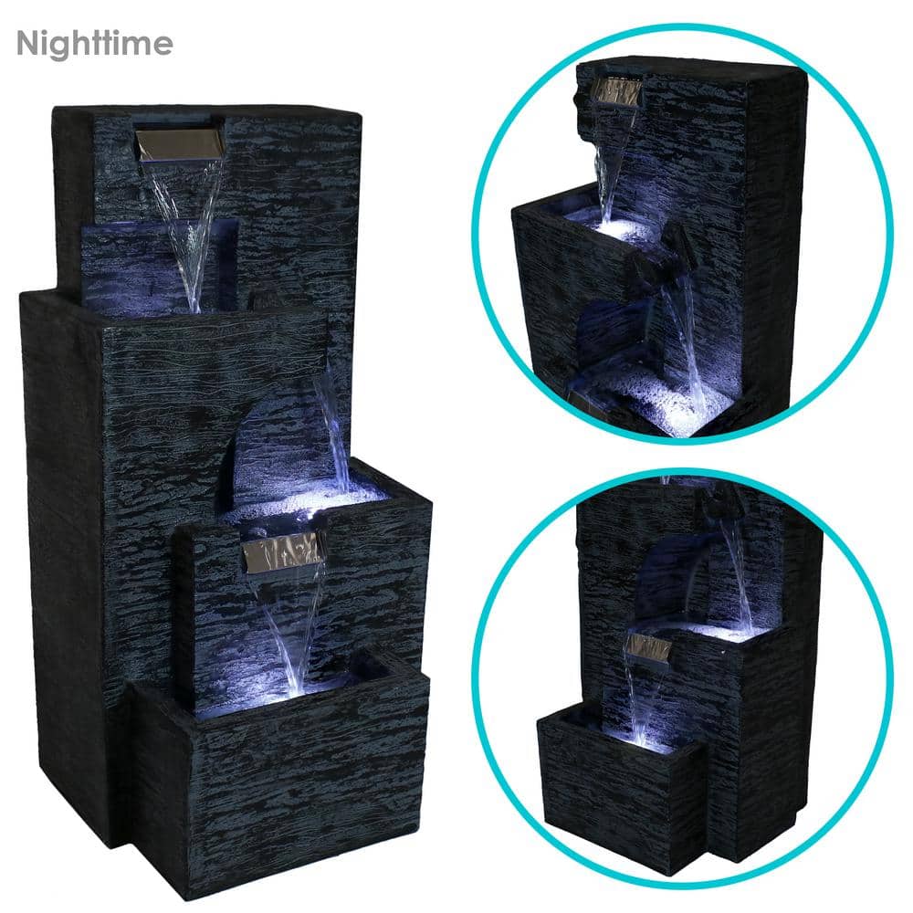 32-Inch Gray Polyresin Cascading Tower Outdoor Water Fountain with LED Lights