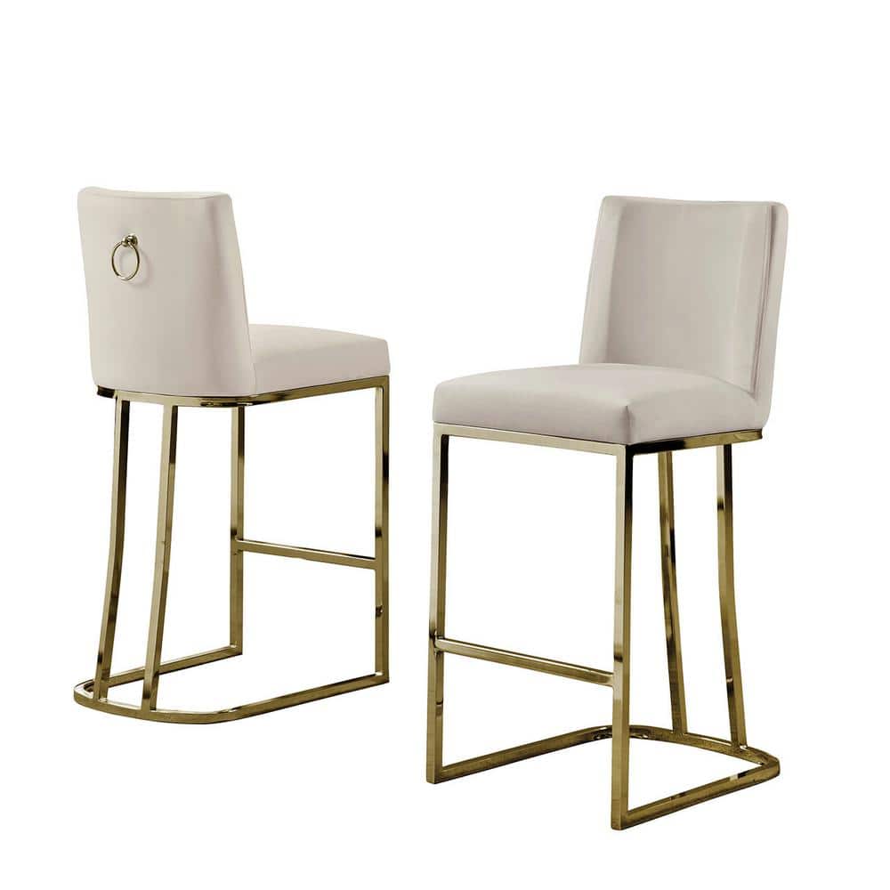 Beige Cream Velvet Counter Stools with Gold Chrome Base, Set of 2