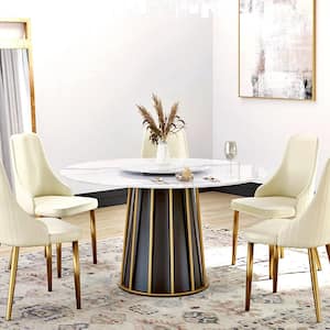 53.15 in. Rotable Round Sintered Stone Tabletop Kitchen Dining Table with Black Pedestal Metal Base (6-Seats)