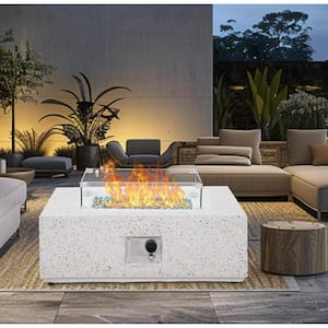 White 35 in. 50,000 BTU Square Outdoor Fire Pit Table with Glass Wind Guard