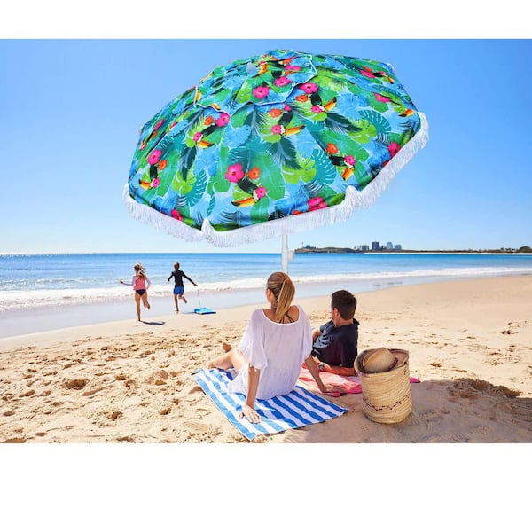 Heavy Duty High Wind Fringe Beach Umbrella Blue and Green