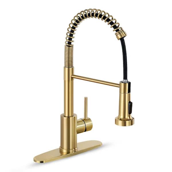 Brushed Gold 17.7 in. H Pull Out Sprayer Kitchen Faucet with Advanced Spray Single Handle Faucet 1 or 3-Hole
