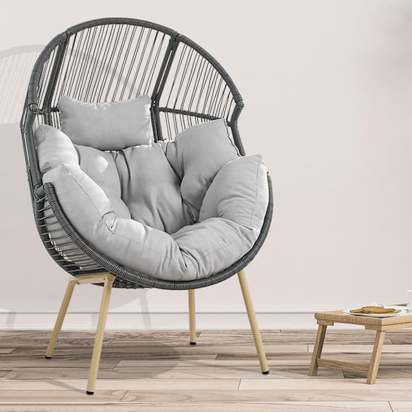 moosprr Patio Dark Gray Wicker Egg Chair Outdoor Lounge Chair with Light Gray Cushion