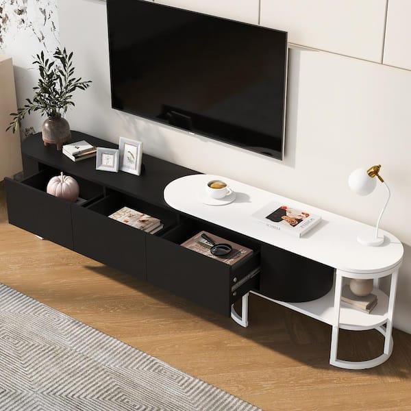 Harper & Bright Designs 67.7 in.-76.4 in. Black Modern Extendable TV Stand Fits TVs up to 75 in. with 3-Drawers, Metal Adjustable Legs