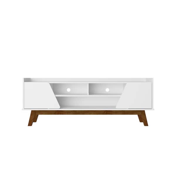 Manhattan Comfort Marcus White Mid-Century Modern TV Stand Fits TVs Up to 65 in. with Solid Wood Legs