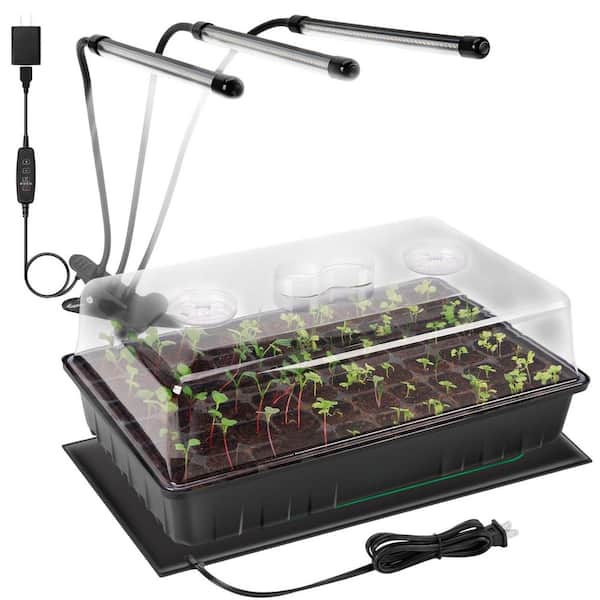 Black Plastc Metal 60 Cell Seed Starter Kit with Grow Light Heat Mat Seed Starter Tray with Higher 4.3 in. Humidity Dome