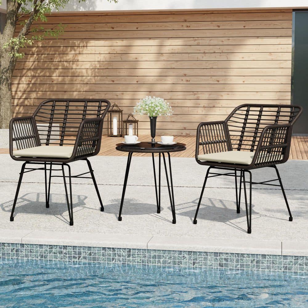 3-Piece Wicker Outdoor Patio Conversation Sets with 2-Armchairs, 1-Round Table and Beige Cushions price history on PriceWatchPro
