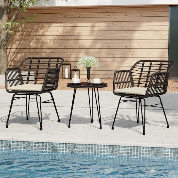 Esunny 3-Piece Wicker Outdoor Patio Conversation Sets with 2-Armchairs, 1-Round Table and Beige Cushions