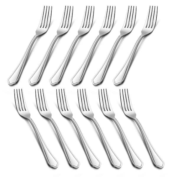Set of 12 Stainless Steel Salad and Dessert Forks 6.7 in with Scalloped Edge Handles and Rounded Prongs