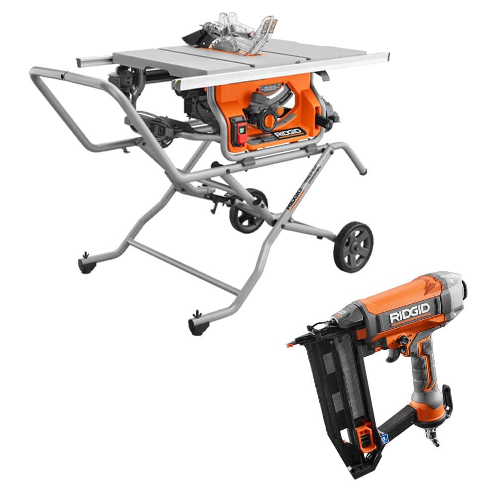 RIDGID 15 Amp 10 in. Portable Pro Jobsite Table Saw with Rolling Stand and Pneumatic 16-Gauge 2-1/2 in. Straight Finish Nailer