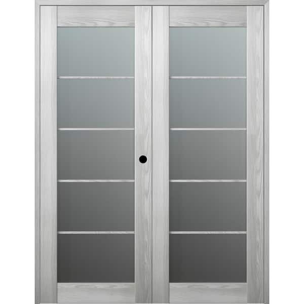 Belldinni Vona 5 Lite 72 in.x 96 in. Left Hand Active Frosted Glass Ribeira Ash Wood Composite Double Prehung French Door