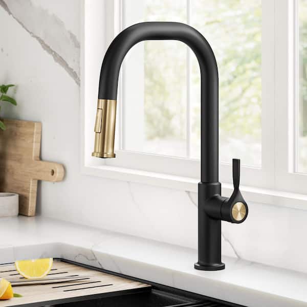 Torak Spot Free Brushed Brass/Matte Black 16.25 in. H Pull Down Sprayer Kitchen Faucet with 360° Spout Swivel
