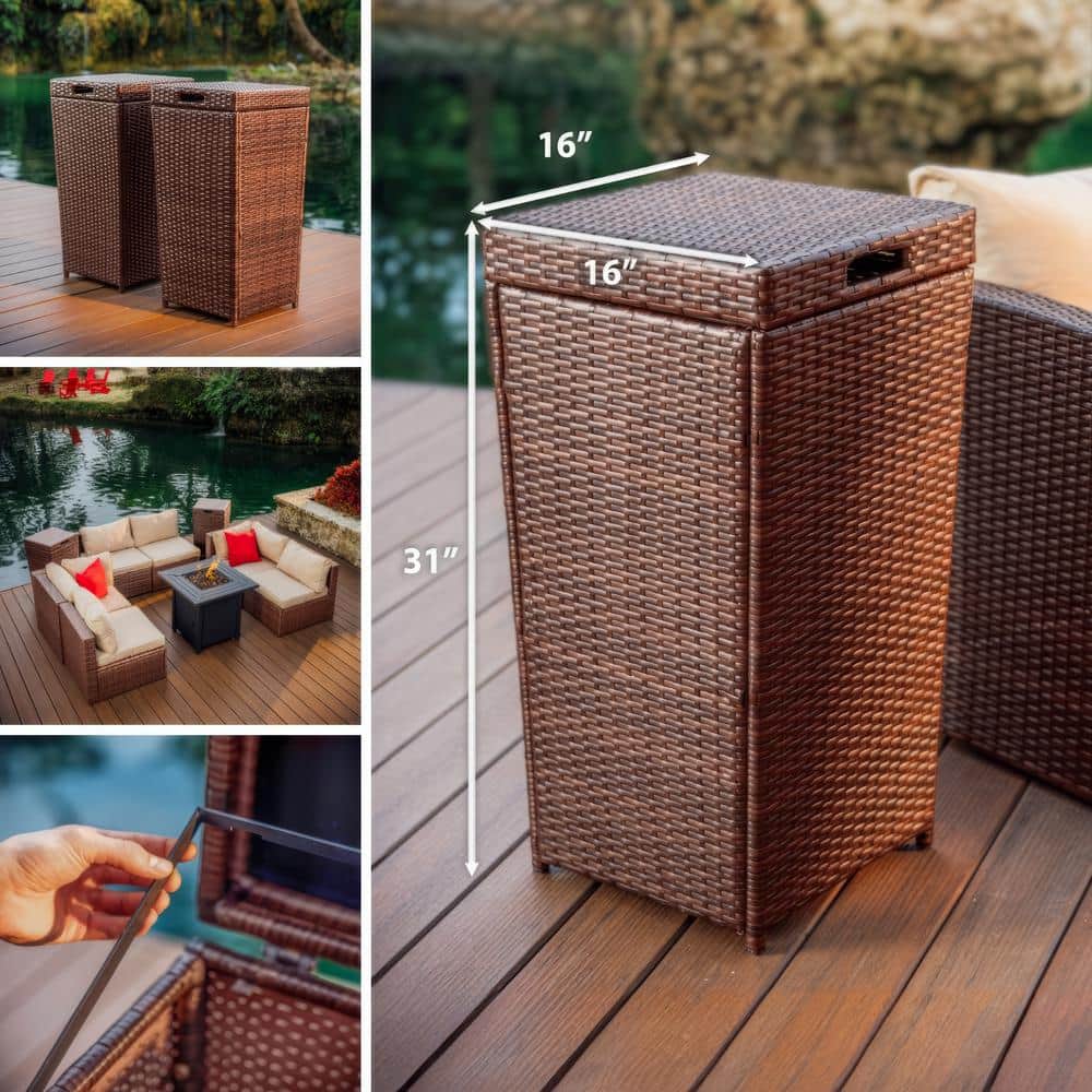 Brown Wicker 30-Gallon Outdoor Trash Can with Lid