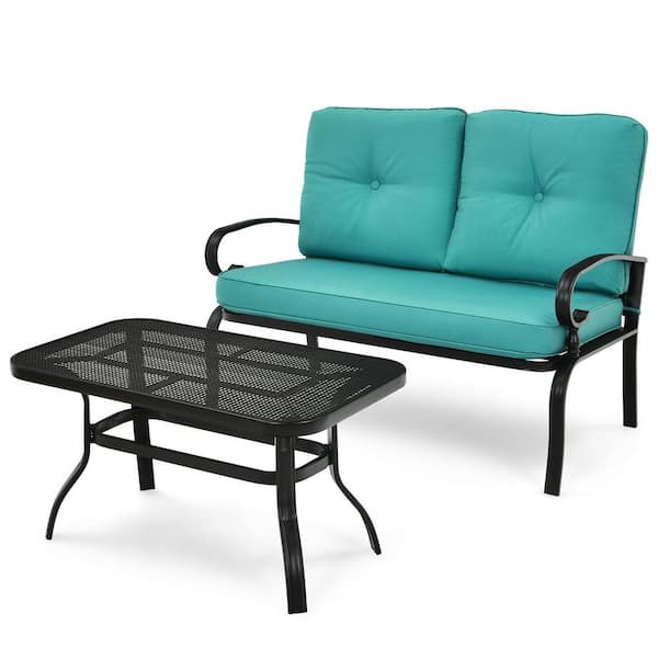 ANGELES HOME 47 in. W Black Metal Outdoor Patio Loveseat Bench with Coffee Table and Turquoise Cushions