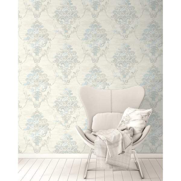 Damask Faux Texture Powder Blue, Gray, and Satin Pearl Paper Strippable Roll (Covers 60.75 sq. ft.)