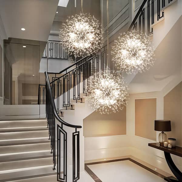 RRTYO Barton 9-Light Chrome Modern Glam Crystal Firework Pendant Sputnik Starburst Unique Sphere Chandelier