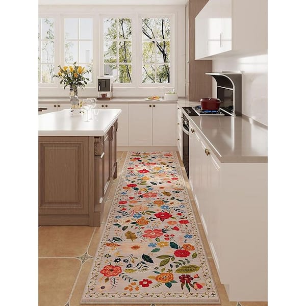 2 X 10 Beige Washable Boho Floral Runners for Hallways Kitchen Runner Rug Non Slip Rubber