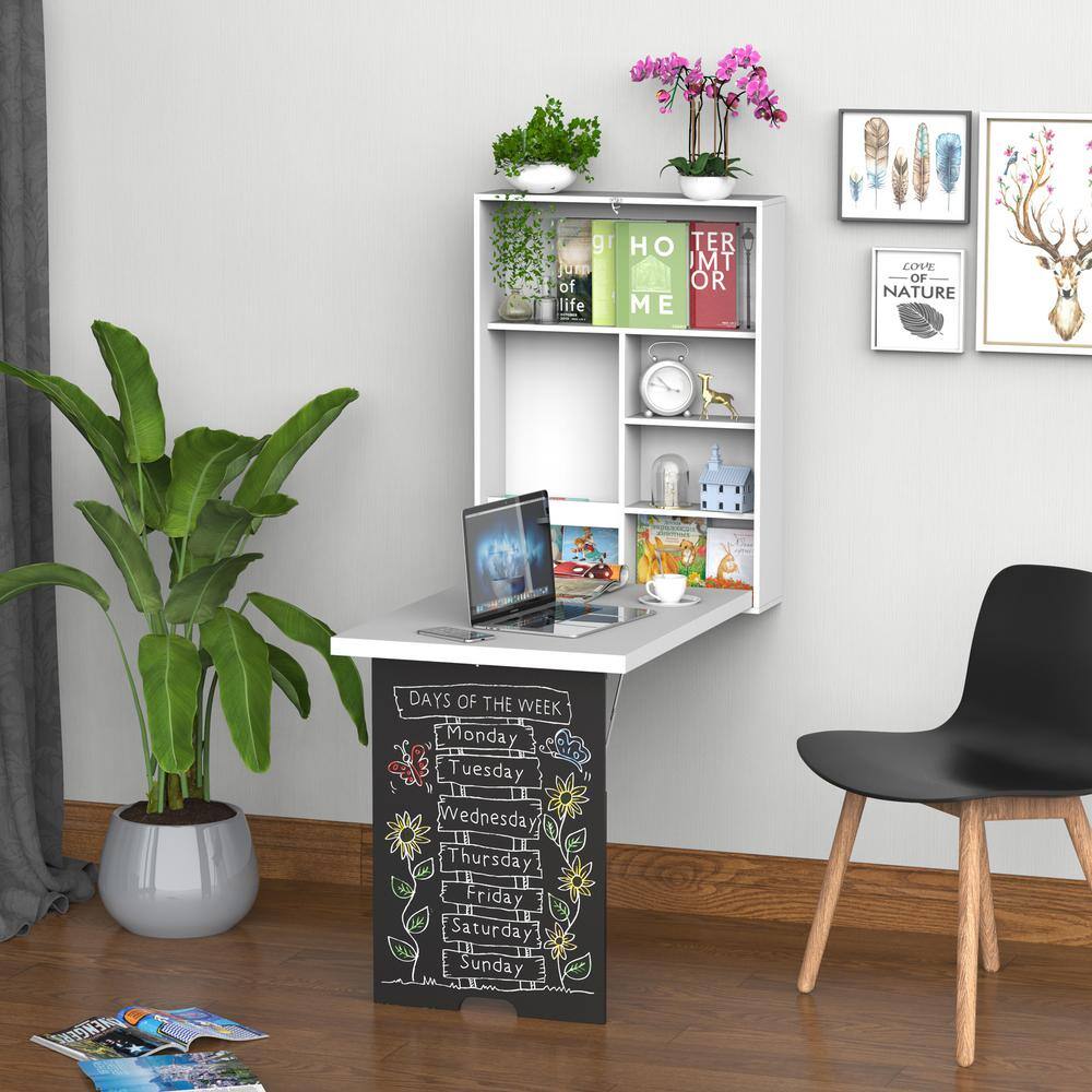 White Wall Mounted Foldable Desk with Blackboard and Shelves