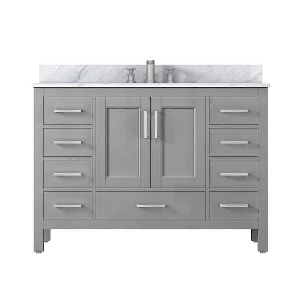 ANGELES HOME 48 in. W x 22 in. D x 34 in. H Freestanding Bath Vanity in Gray with Carrara White Marble Top and Single Ceramic Sink