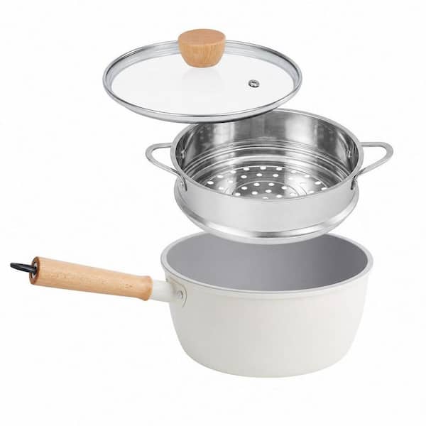 3 qt. Ceramic Nonstick Sauce Pan in White with Lid and Steamer Wooden Handle for Cool Touch Non Toxic and PFAS-Free