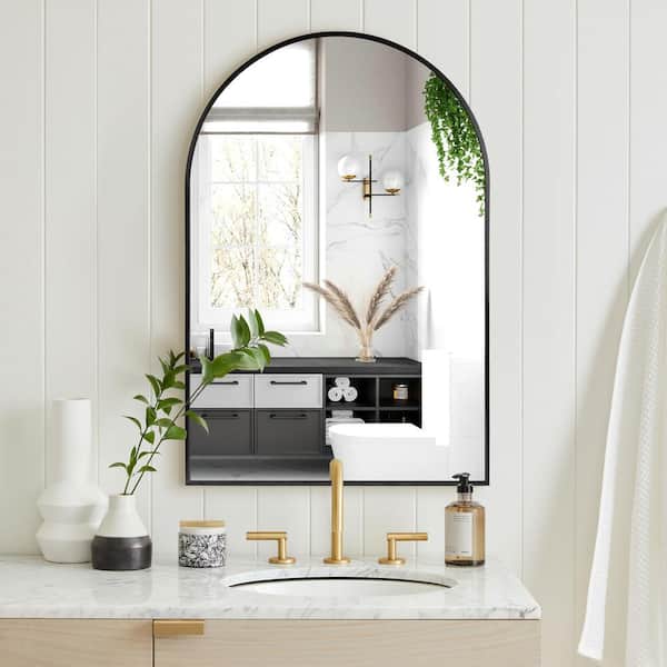 24 in. W x 36 in. H Arched Black Aluminum Alloy Framed Wall Mirror Decorative Wall Mirror