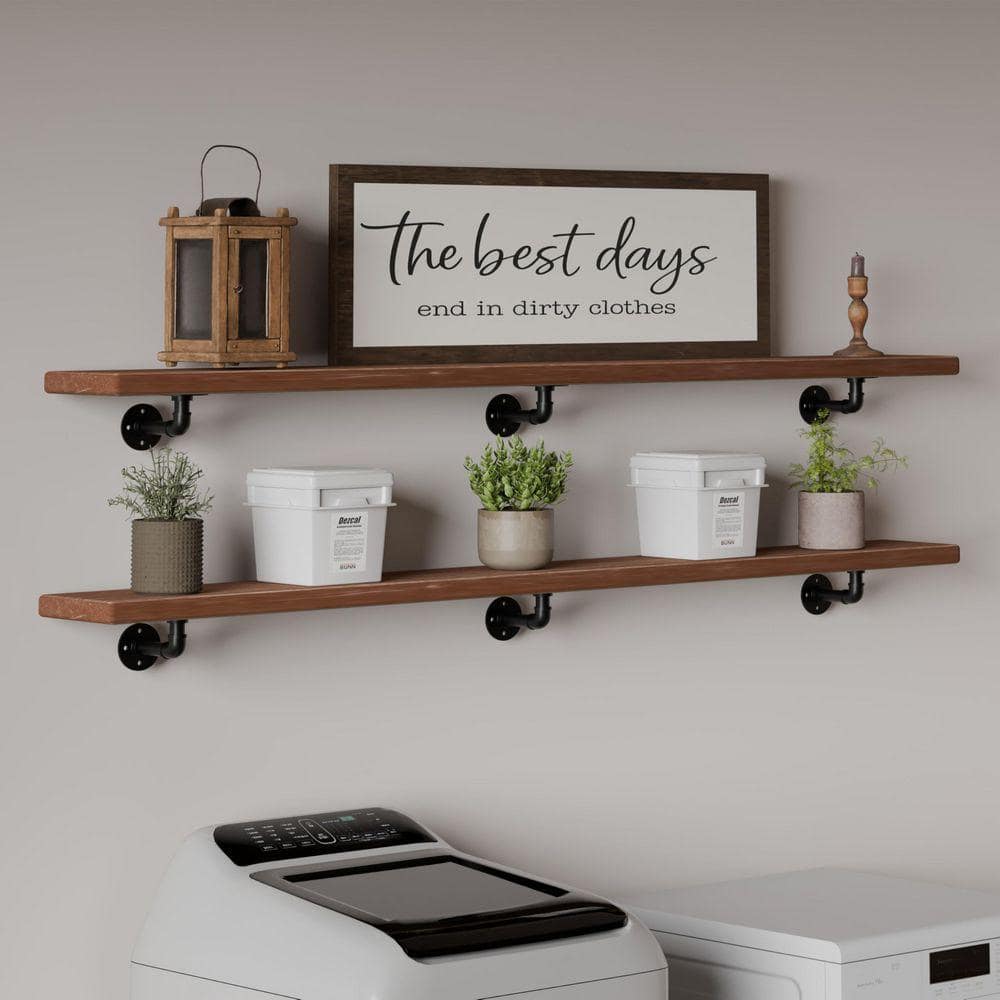 Industrial Series 60in W x 8in D Brown Wood 2-Tier Decorative Wall