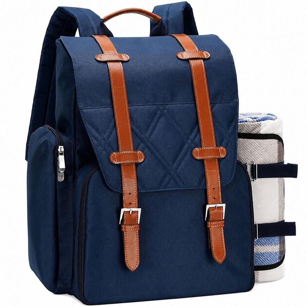 Navy Blue 4-Person Picnic Backpack Set with Insulated Cooler Compartment, Waterproof Blanket and Tableware price history on PriceWatchPro