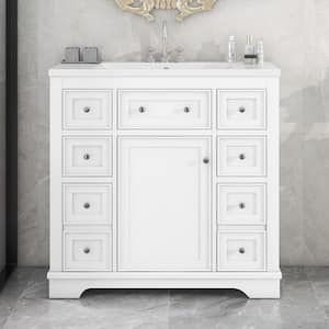 36 in. W x 18 in. D x 34.5 in. H Bath Vanity in White White Ceramic Top, Single Sink, Solid Wood, MDF Board,6-Drawers